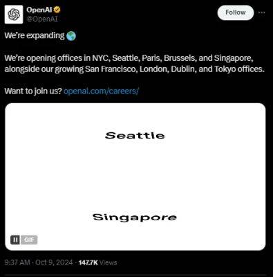 Сэм Альтман - OpenAI продвигается по всему миру и ищет инженеров для разработки ИИ - habr.com - США - Токио - Лондон - Париж - Нью-Йорк - Сан-Франциско - Брюссель - Сингапур - Дублин - Республика Сингапур