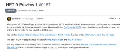 denis19 - Microsoft выпустила первую предварительную версию .NET 9 и раскрыла цели разработки новой версии открытой платформы - habr.com - Microsoft