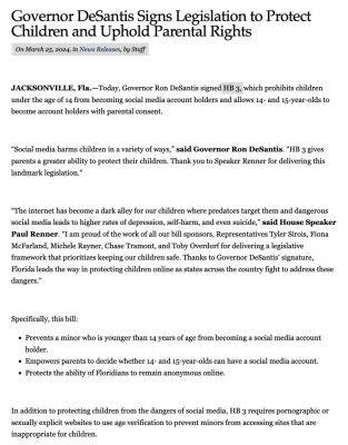 IgnatChuker - Во Флориде с 2025 года детям младше 14 лет запрещено иметь аккаунты в социальных сетях - habr.com - США - шт.Флорида - Запрет
