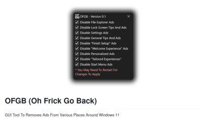 denis19 - Представлено открытое приложение OFGB (Oh Frick Go Back) для отключения рекламы в Windows 11 - habr.com - Microsoft