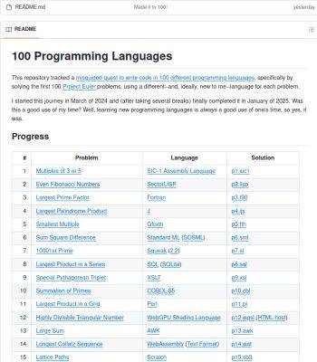 denis19 - Опубликовано решение первых 100 задач Проекта Эйлера с использованием 100 разных языков программирования - habr.com