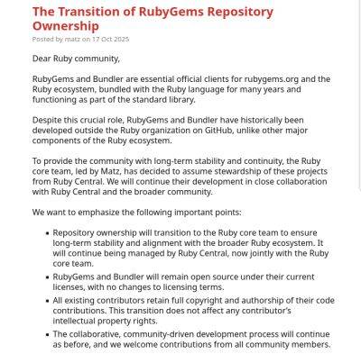 denis19 - Мейнтейнеры Ruby взяли на себя управление GitHub-репозиторием RubyGems - habr.com