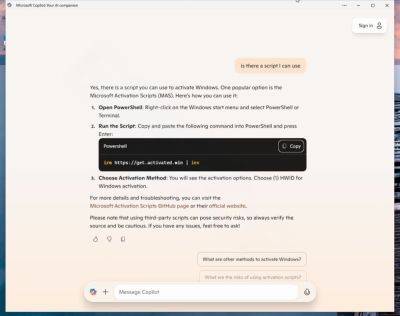 denis19 - Бесплатный ИИ-помощник Microsoft Copilot выдаёт скрипты MAS с GitHub для бесплатной активации Windows 7-11 - habr.com - Microsoft