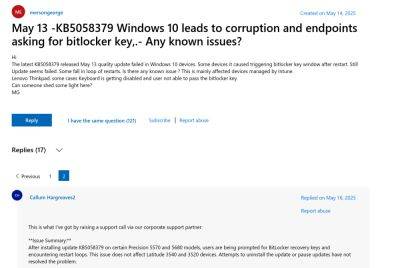 denis19 - Microsoft: KB5058379 для Windows 10 22H2 загружает ПК в Recovery и требует ключ BitLocker из-за Intel TXT - habr.com - Microsoft