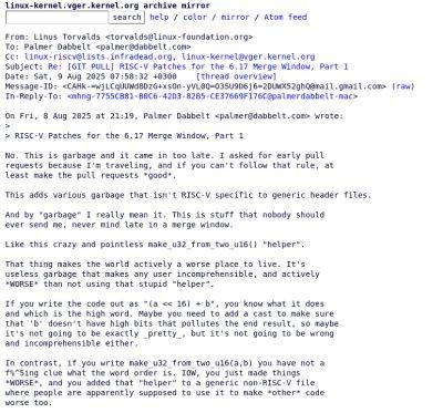 denis19 - Торвальдс со словами «no f%^5ing clue» и «Garbage» отверг изменения архитектуры RISC-V для кода ядра Linux 6.17 - habr.com - США - Финляндия