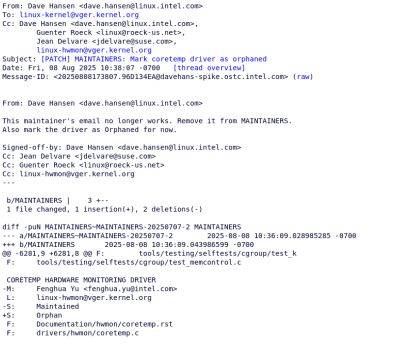 denis19 - Драйвер мониторинга температуры процессоров Intel для ядра Linux стал «сиротой» (orphaned) из‑за увольнения разработчика - habr.com - США