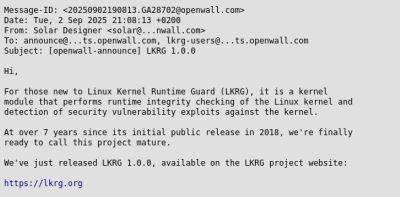 denis19 - Релиз LKRG 1.0.0 (Linux Kernel Runtime Guard) для защиты от эксплуатации уязвимостей в ядре Linux - habr.com